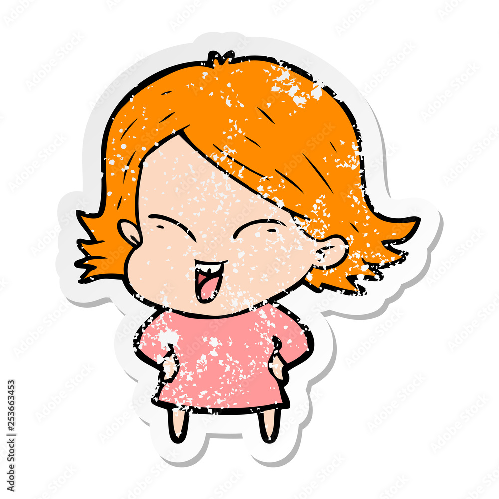 Obraz premium distressed sticker of a happy cartoon girl