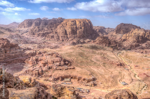 aerial view of roman theatre, Al Habis mountain, Qasr al Bint, Colonnaded street, Great temple and temple of winged lions in Petra, Jordan photo