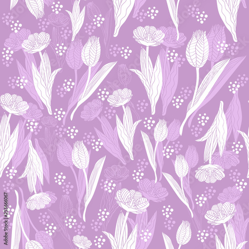 Fototapeta Naklejka Na Ścianę i Meble -  seamless texture with white tulips on lilac background