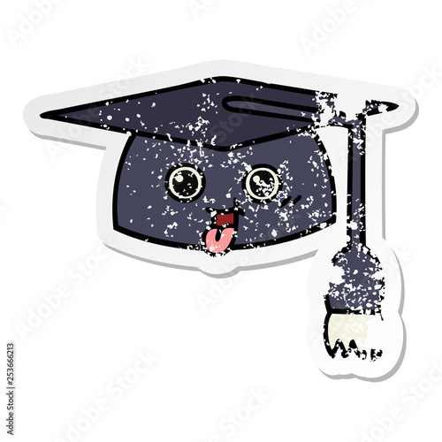 distressed sticker of a cute cartoon graduation hat