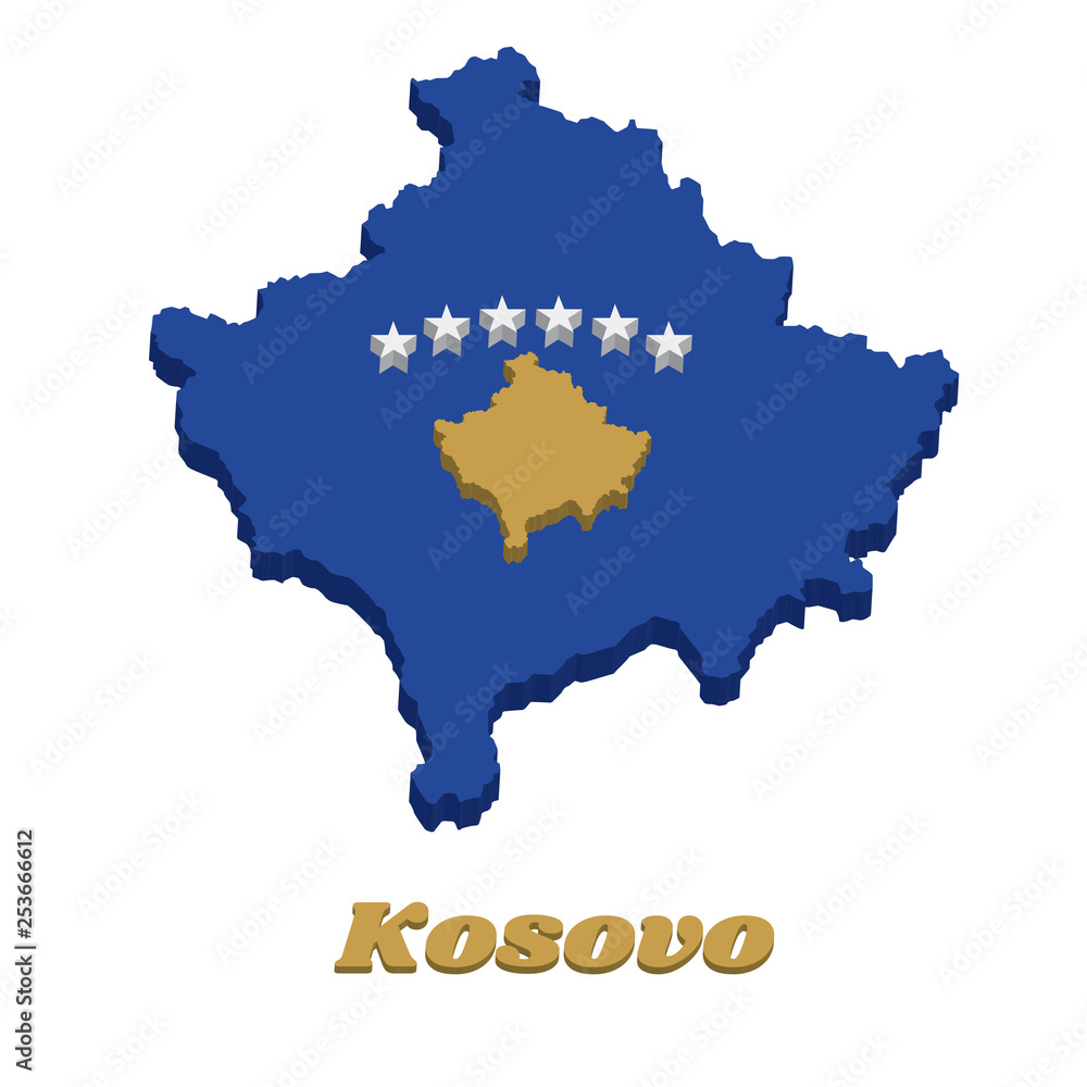 3D Map outline and flag of Kosovo, a blue field charged with a map of Kosovo in gold, surmounted by an arc of six, white stars in the centre. 3D Map outline and flag of Kosovo, a blue field charged with a map of Kosovo in gold, surmounted by an arc of six, white stars in the centre.