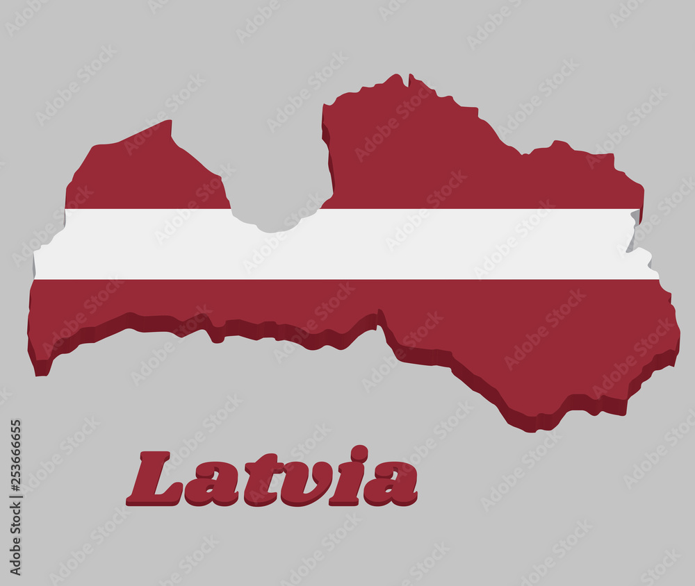 3D Map outline and flag of Latvia, a carmine field bisected by a narrow white stripe (one-fifth the width of the flag).