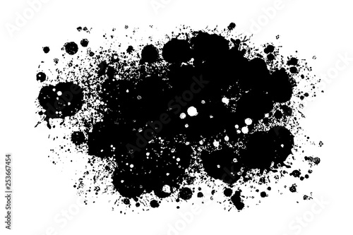 Vector hand drawn big brush stain with blots. Monochrome ink painted stroke. Painted by brush black stain. Monochrome artistic backdrop. One color grungy background.