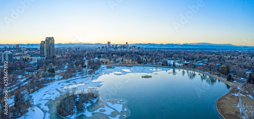 Denver Colorado City Skyline at Sunset Frozen Lake Snowy Winter Evening