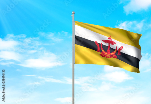Brunei Darussalam flag waving sky background 3D illustration