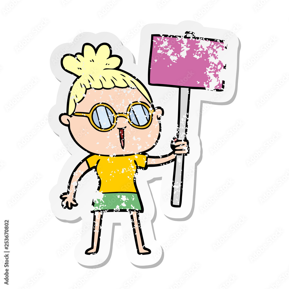 distressed sticker of a cartoon woman wearing spectacles