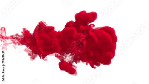 UHD 3D animated simulation of the scarlet red ink in a liquid against the white background