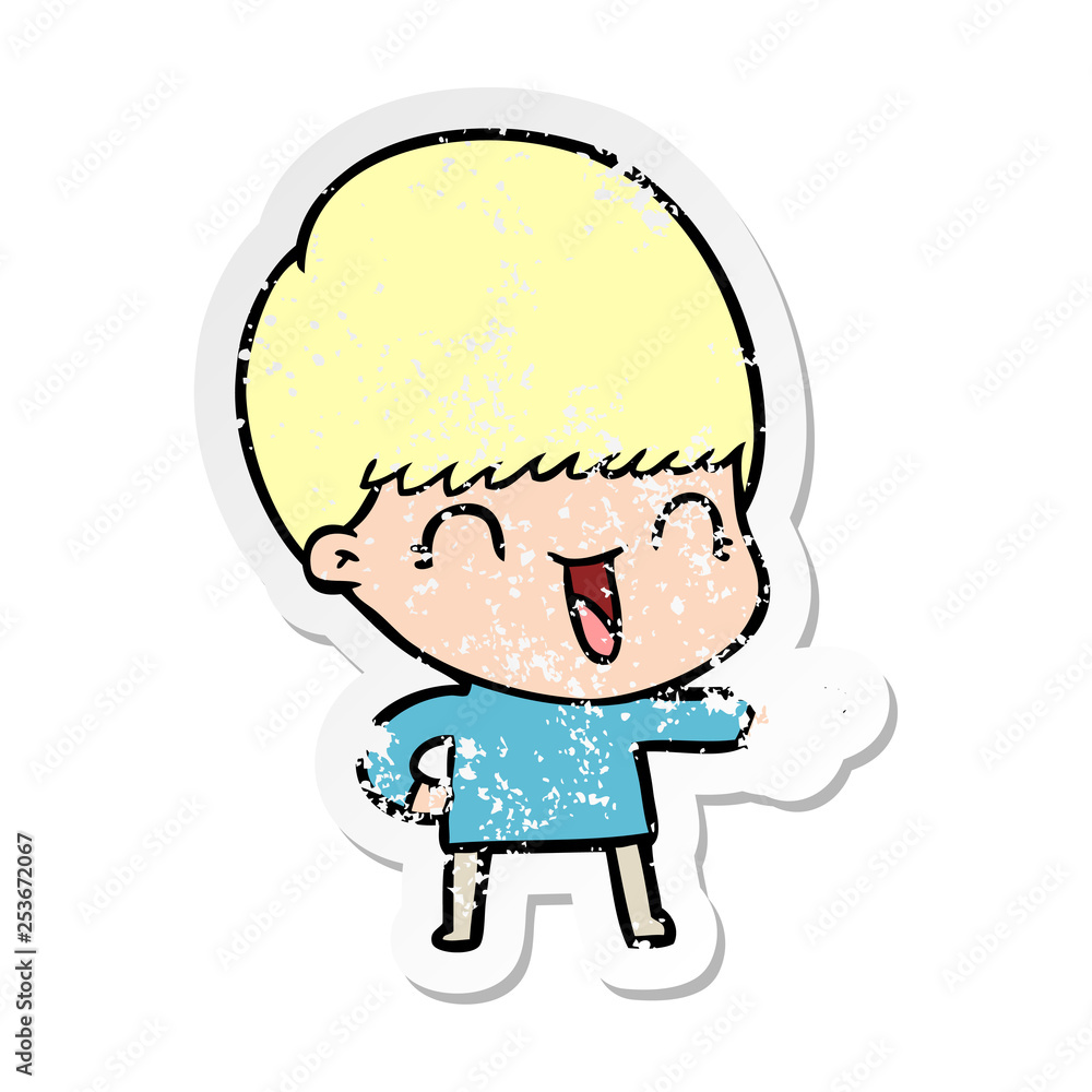 distressed sticker of a happy cartoon boy distressed sticker of a happy cartoon boy