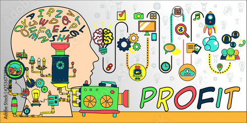 Flat line illustration concept of scheme, plan graph born start up business project startup process from idea letter into machine to create something for website banner and landing page, infographics,