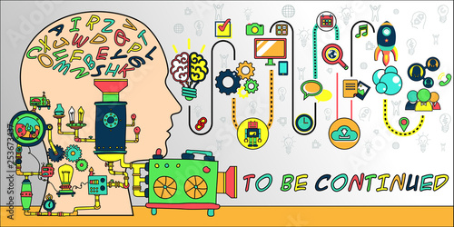 Flat line illustration concept of scheme, plan graph born start up business project startup process from idea letter into machine to create something for website banner and landing page, infographics,