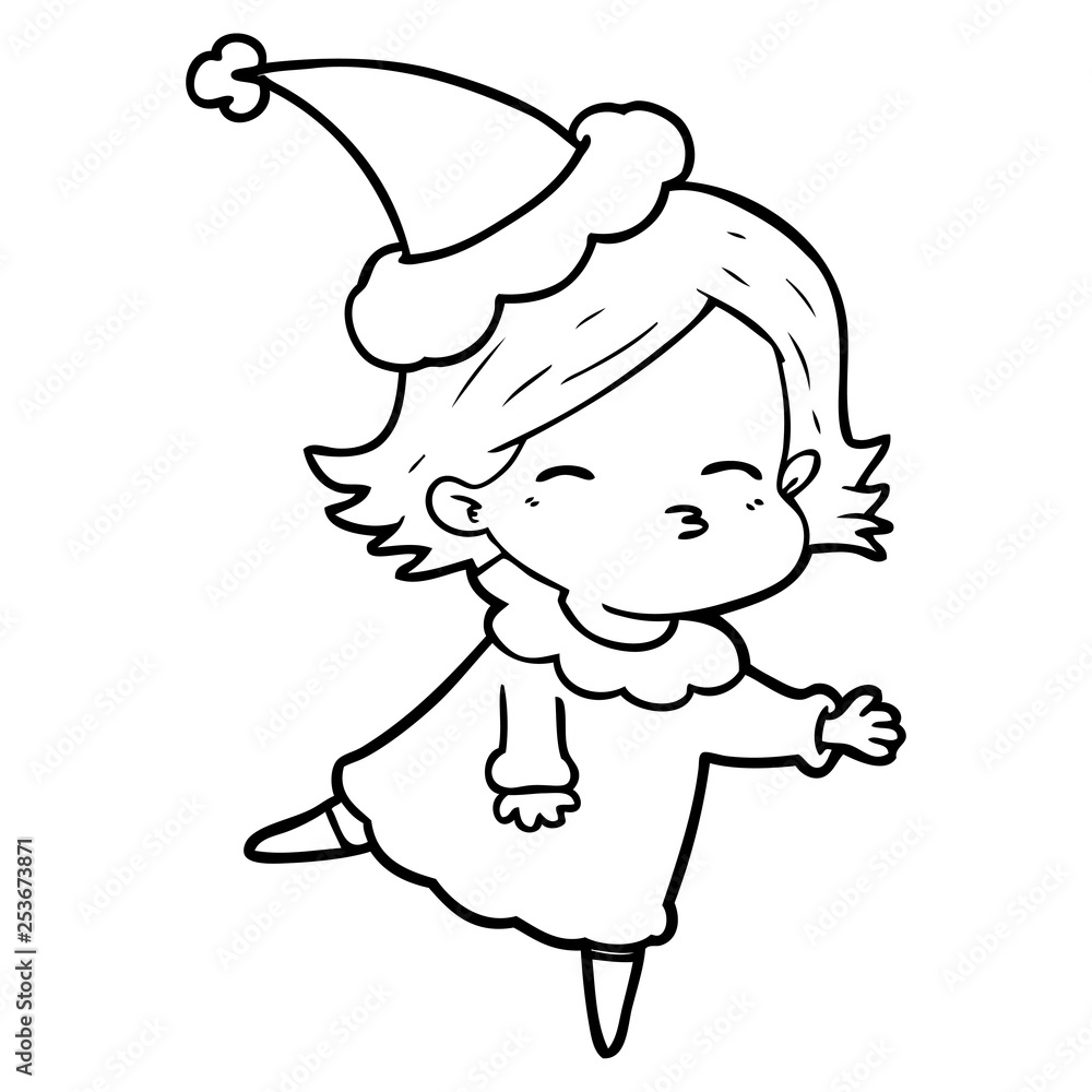 line drawing of a woman wearing santa hat line drawing of a woman wearing santa hat