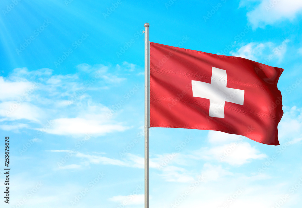 Switzerland flag waving sky background 3D illustration