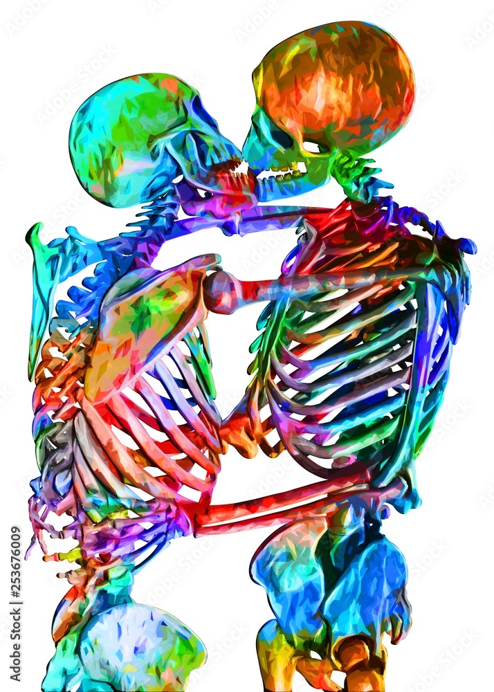 Skeletons of man and woman in the pose of lovers in multicolored abstract style illustration Isolated on white background