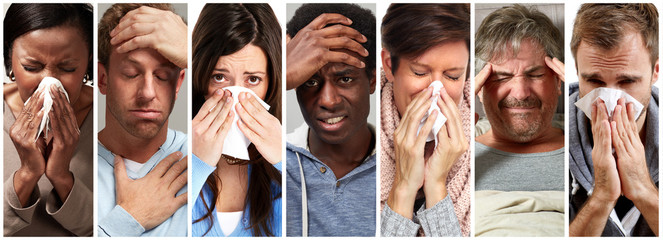 sick people having flu, cold and sneeze