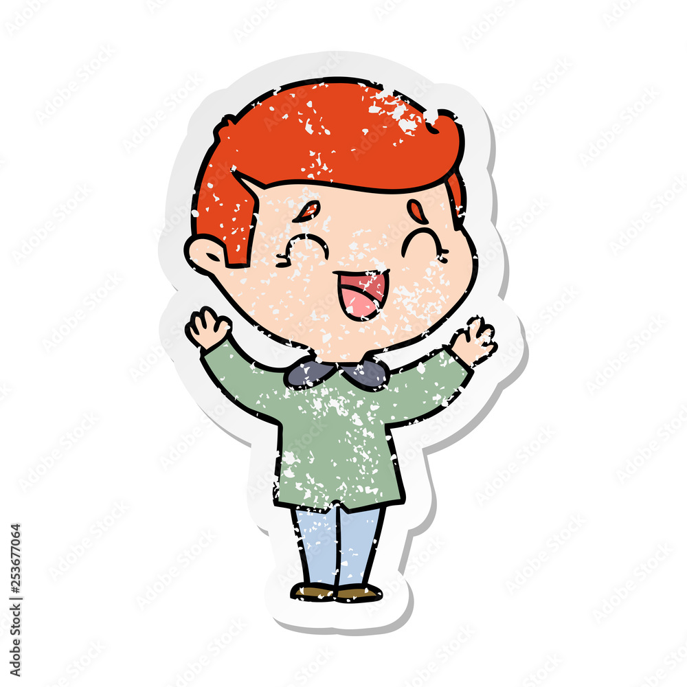 distressed sticker of a cartoon laughing man distressed sticker of a cartoon laughing man