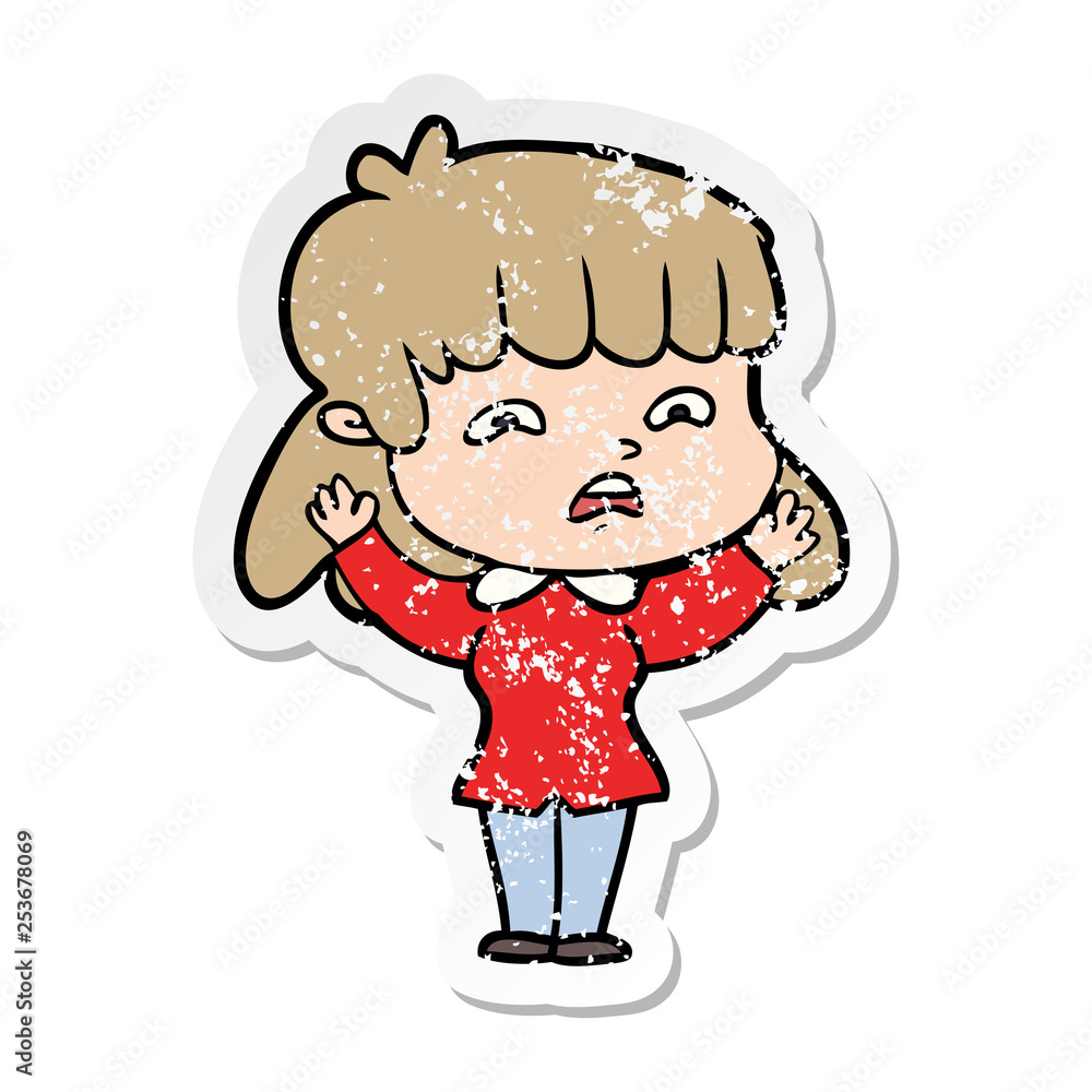 Obraz premium distressed sticker of a cartoon worried woman