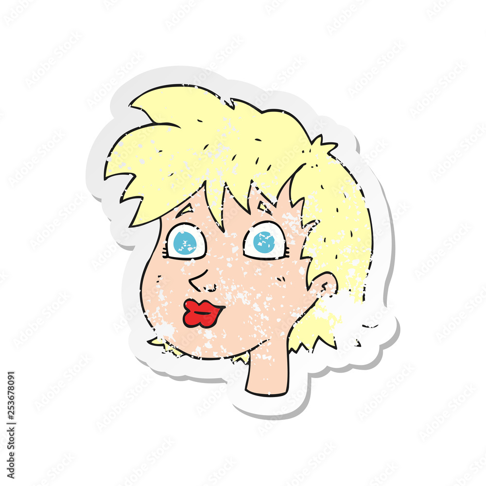 retro distressed sticker of a cartoon female face retro distressed sticker of a cartoon female face