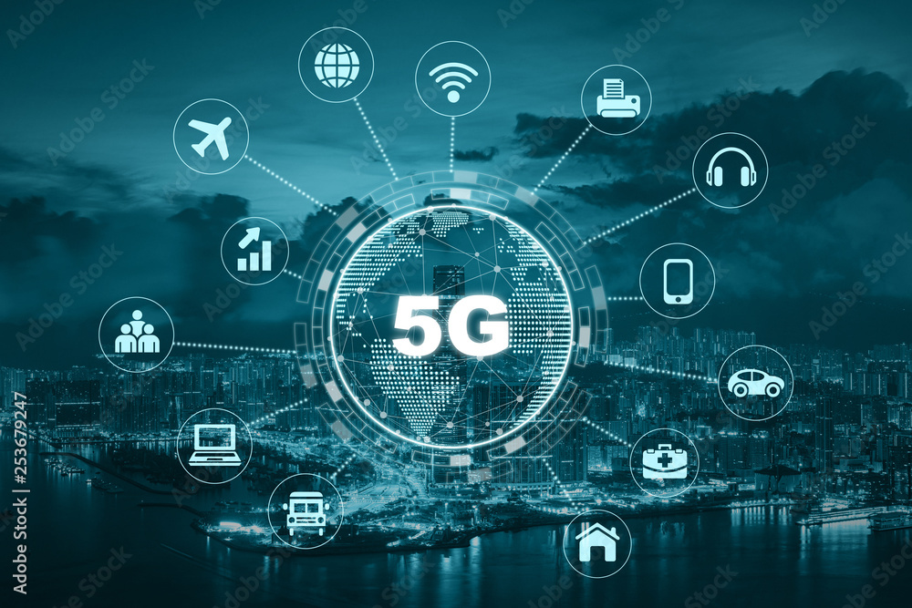 5G technology with earth dot in center of various icon internet of thing over the Aerial View of Hong Kong Cityscape, Wireless communication connection network concept.