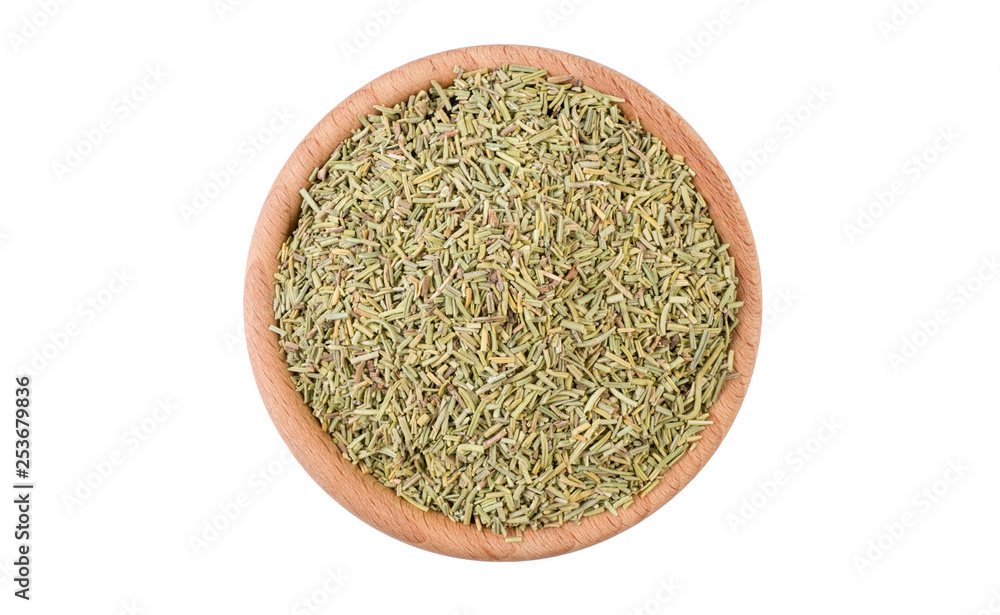 rosemary leaves in wooden bowl isolated on white background. Spices and food ingredients. rosemary leaves in wooden bowl isolated on white background. Spices and food ingredients.