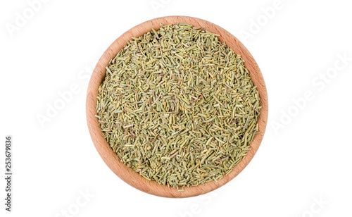 rosemary leaves in wooden bowl isolated on white background. Spices and food ingredients.