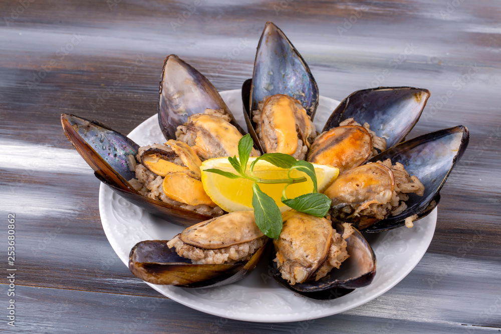 Fototapeta premium Turkish style stuffed Mussels, Midye Dolma mediterranean cuisine