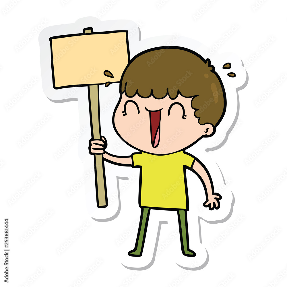 sticker of a laughing cartoon man waving placard sticker of a laughing cartoon man waving placard