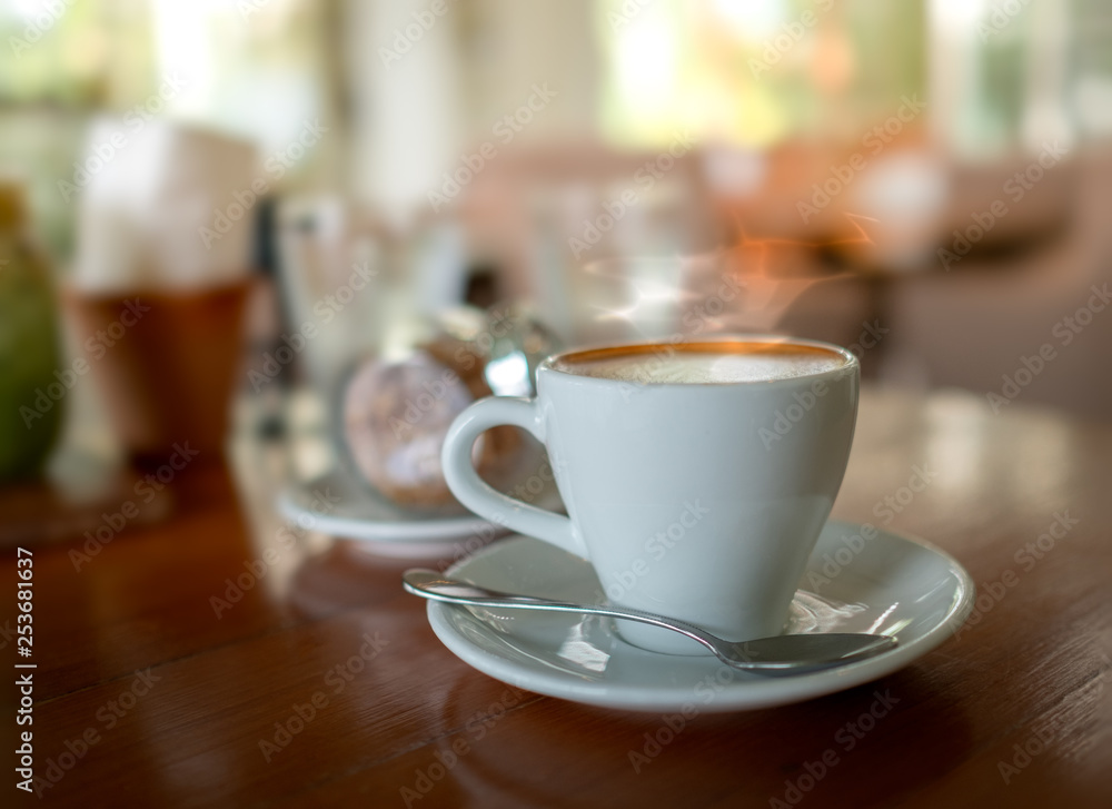 Selective focus of hot coffee on the table Selective focus of hot coffee on the table