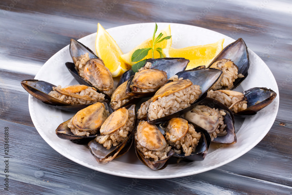 Turkish style stuffed Mussels, Midye Dolma mediterranean cuisine
