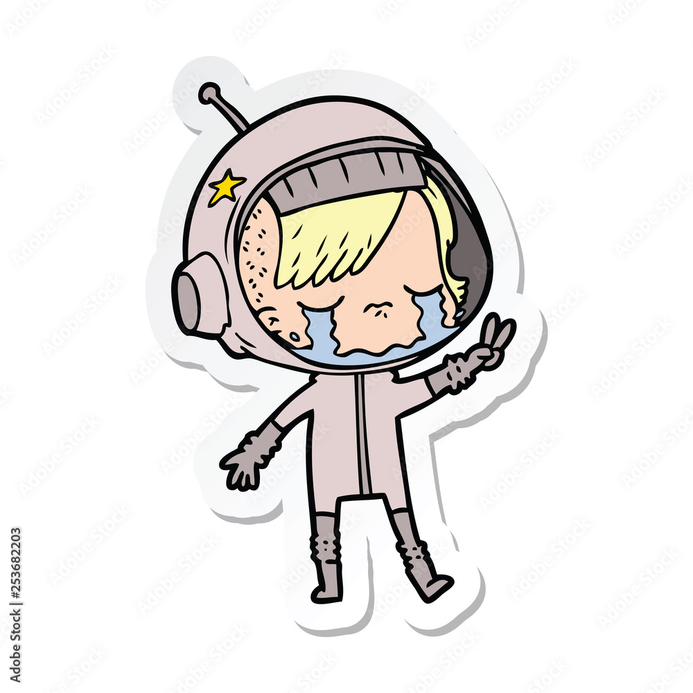 sticker of a cartoon crying astronaut girl sticker of a cartoon crying astronaut girl