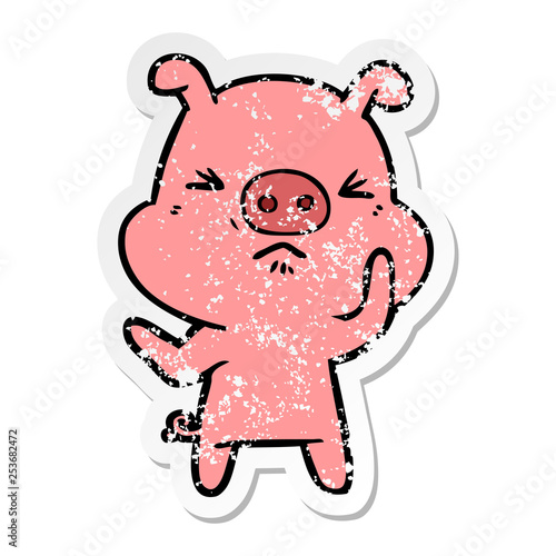 distressed sticker of a cartoon angry pig