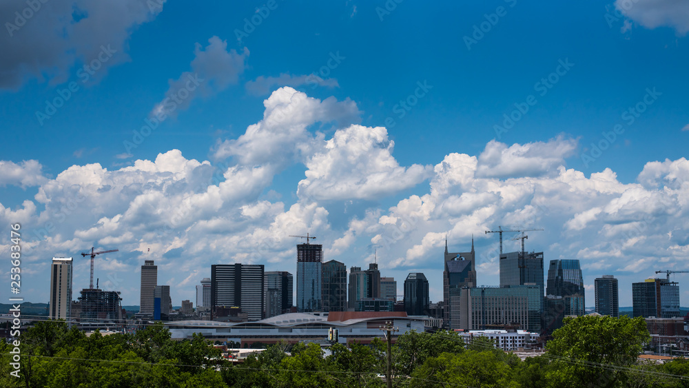 Nashville City Skyline with Beautiful Summer Afternoon Sky