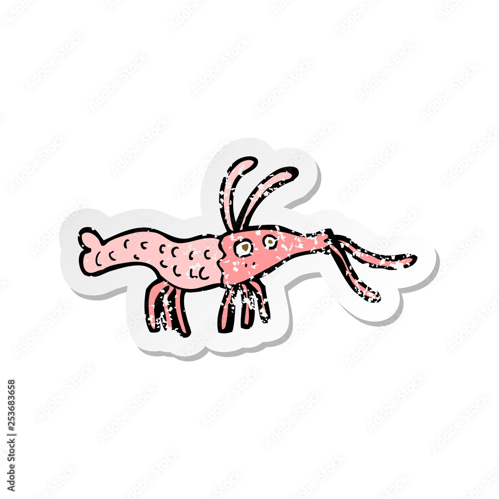 retro distressed sticker of a cartoon shrimp retro distressed sticker of a cartoon shrimp