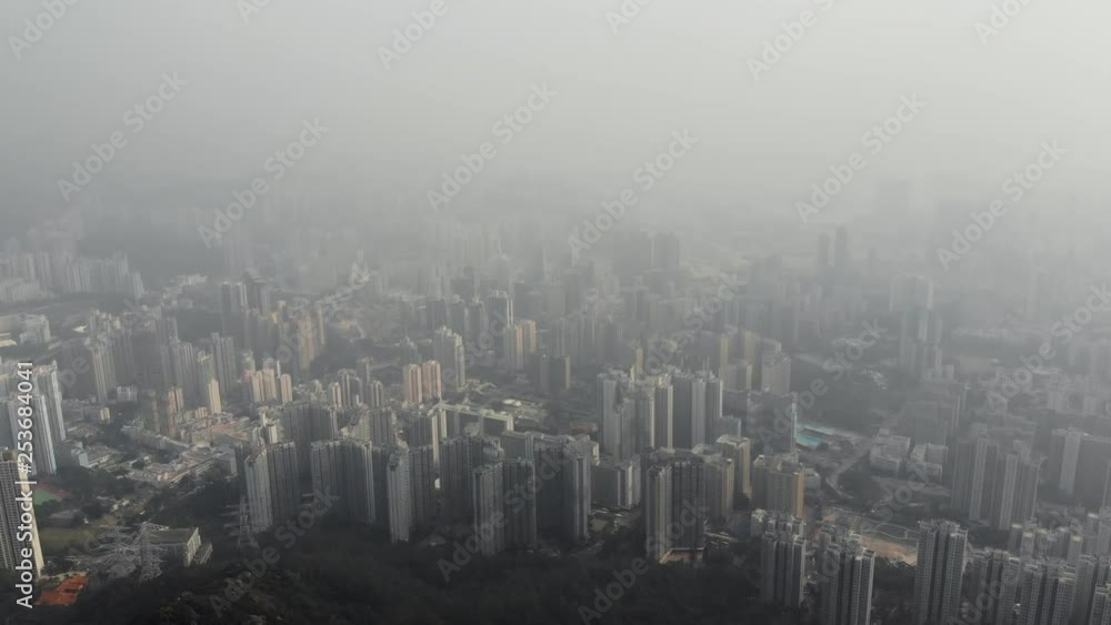 Aerial drone shot of Chuk Un and San Po Kong from Lion Rock in Hong Kong on a foggy day in October Aerial drone shot of Chuk Un and San Po Kong from Lion Rock in Hong Kong on a foggy day in October