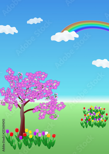 花のある風景・春・チューリップと桜と虹