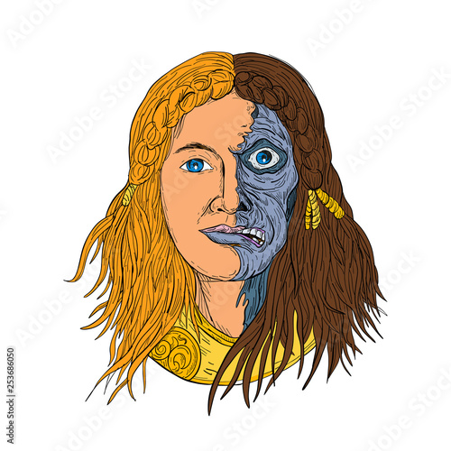 Drawing sketch style illustration of face of Hel, a goddess in Norse mythology, with face half skeleton and half flesh with  gloomy, downcast appearance viewed from front on isolated white background 
