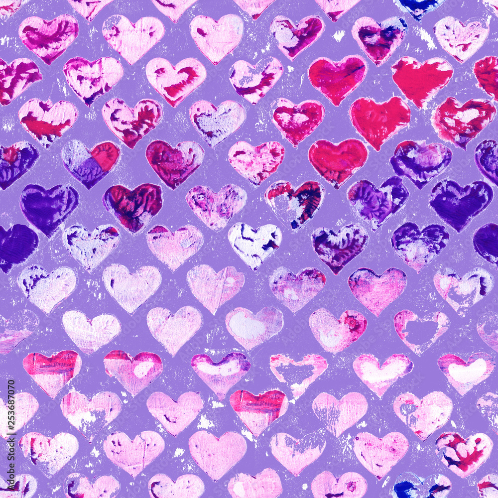 Purple seamless painted analog heart print pattern. Vintage colors.