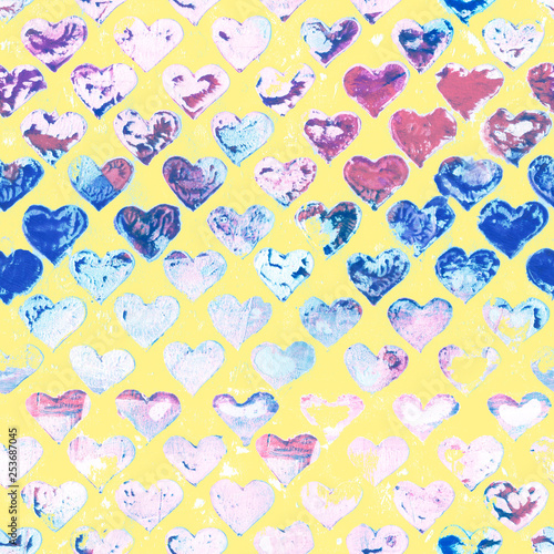Yellow seamless painted analog heart print pattern. Vintage colors.
