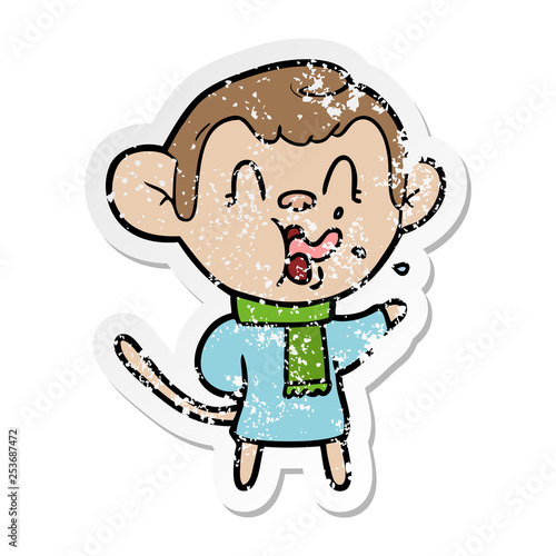 distressed sticker of a crazy cartoon monkey