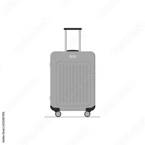 Gray plastic suitcase on wheels with telescopic handle. Travel bag. Polycarbonate luggage. Baggage of tourist. Flat vector icon