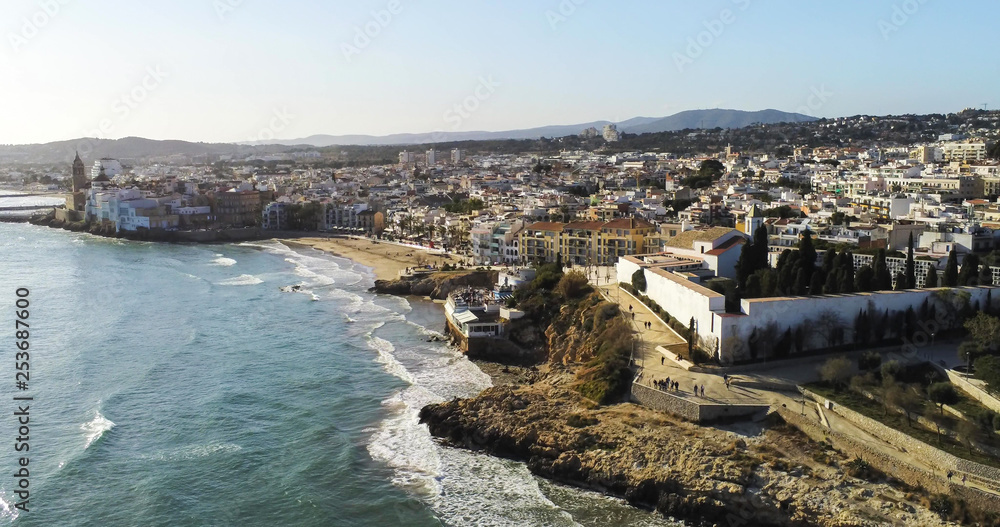 Sitges. Aerial view by Drone of coastal village in Barcelona. Spain