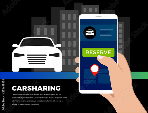 Car-sharing service illustration concept in flat design.Carpooling ride service app - search for carshare auto from your smartphone. For banner, slider, presentation. 