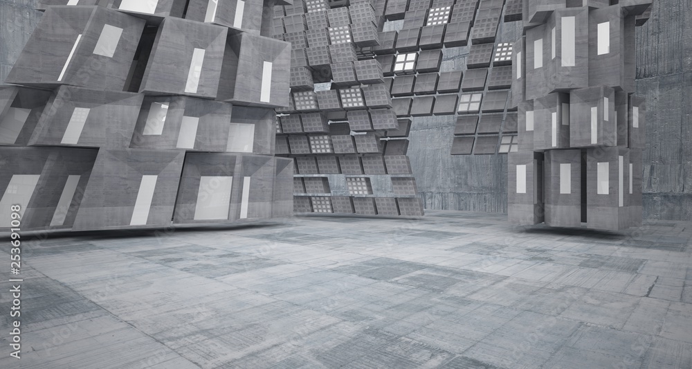 Fototapeta premium Abstract white and concrete parametric interior with window. 3D illustration and rendering.