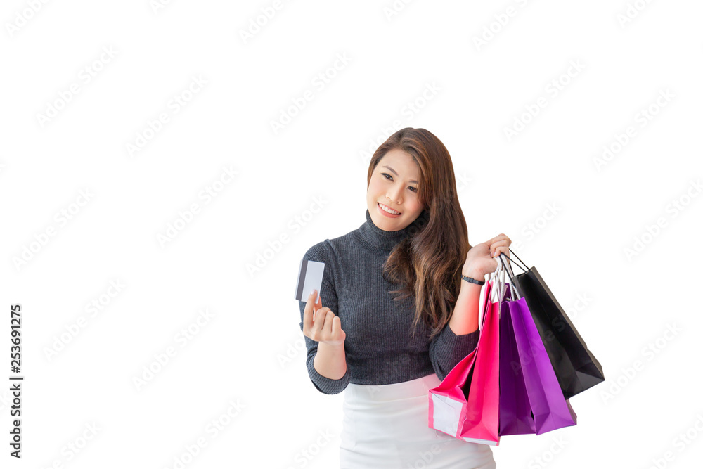 Young woman carrying shopping bags with clipping path on white background, Happy Life Style Concept. Young woman carrying shopping bags with clipping path on white background, Happy Life Style Concept.