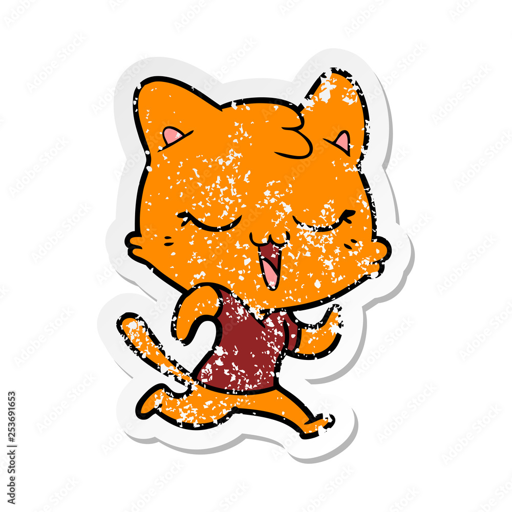 distressed sticker of a happy cartoon cat distressed sticker of a happy cartoon cat