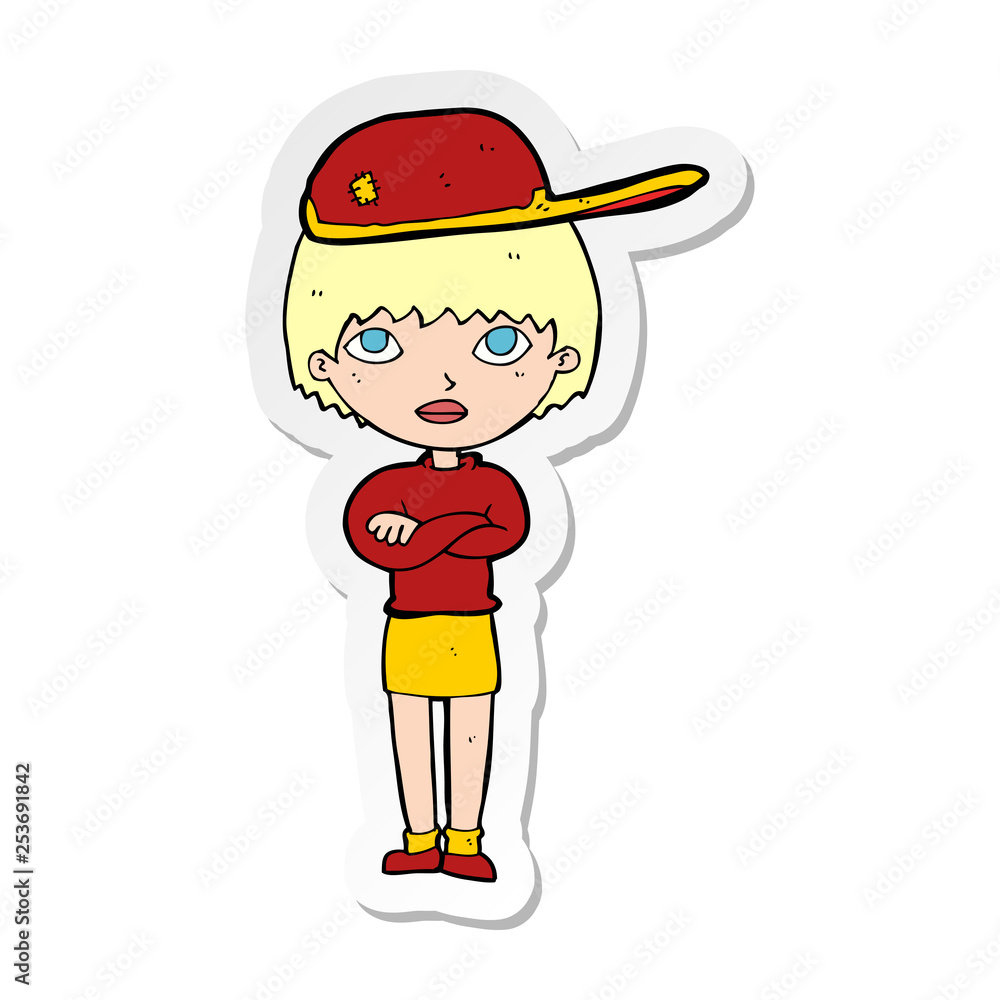 sticker of a cartoon woman wearing cap sticker of a cartoon woman wearing cap