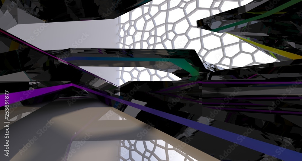 Abstract white and colored gradient  interior multilevel public space with window. 3D illustration and rendering.