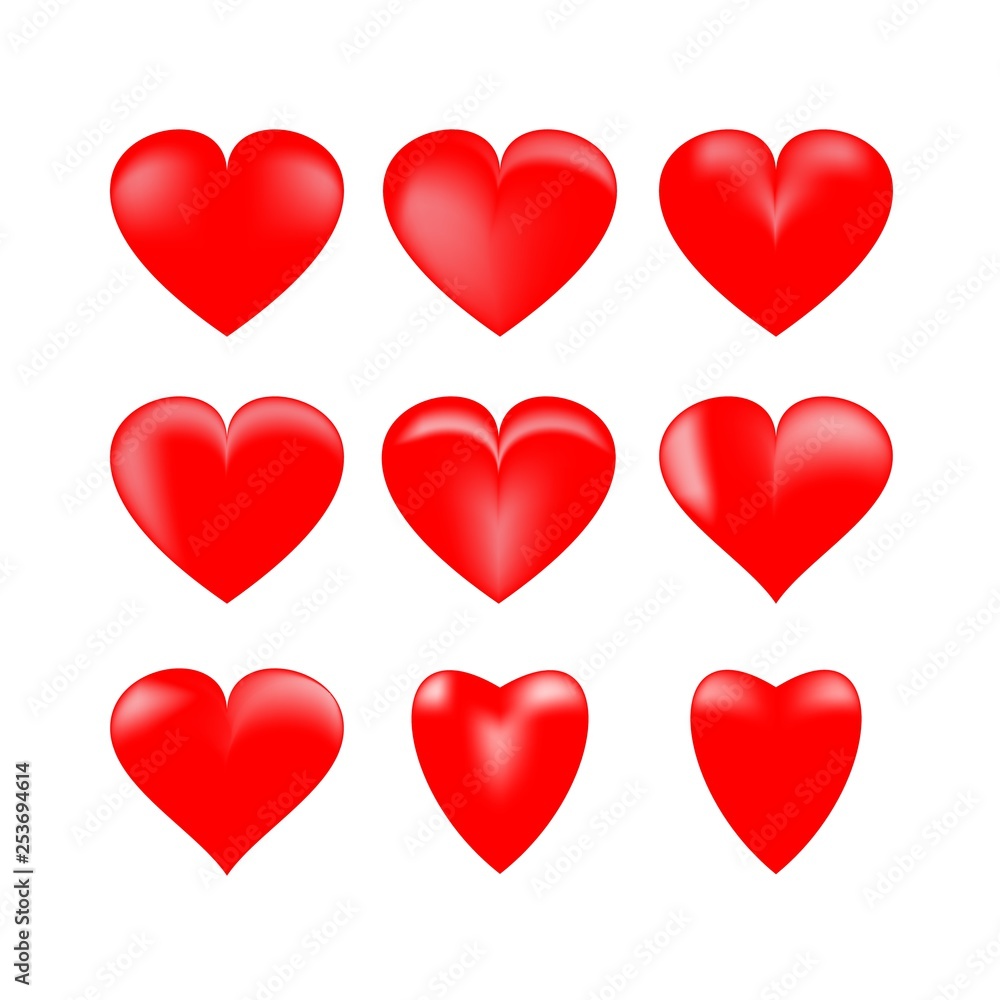 Heart 3D set. Red sign on white background. Romantic decoration silhouette symbol linked, join, love, passion and wedding. Colorful mark of valentine day. Design modern element. Vector illustration. Heart 3D set. Red sign on white background. Romantic decoration silhouette symbol linked, join, love, passion and wedding. Colorful mark of valentine day. Design modern element. Vector illustration.