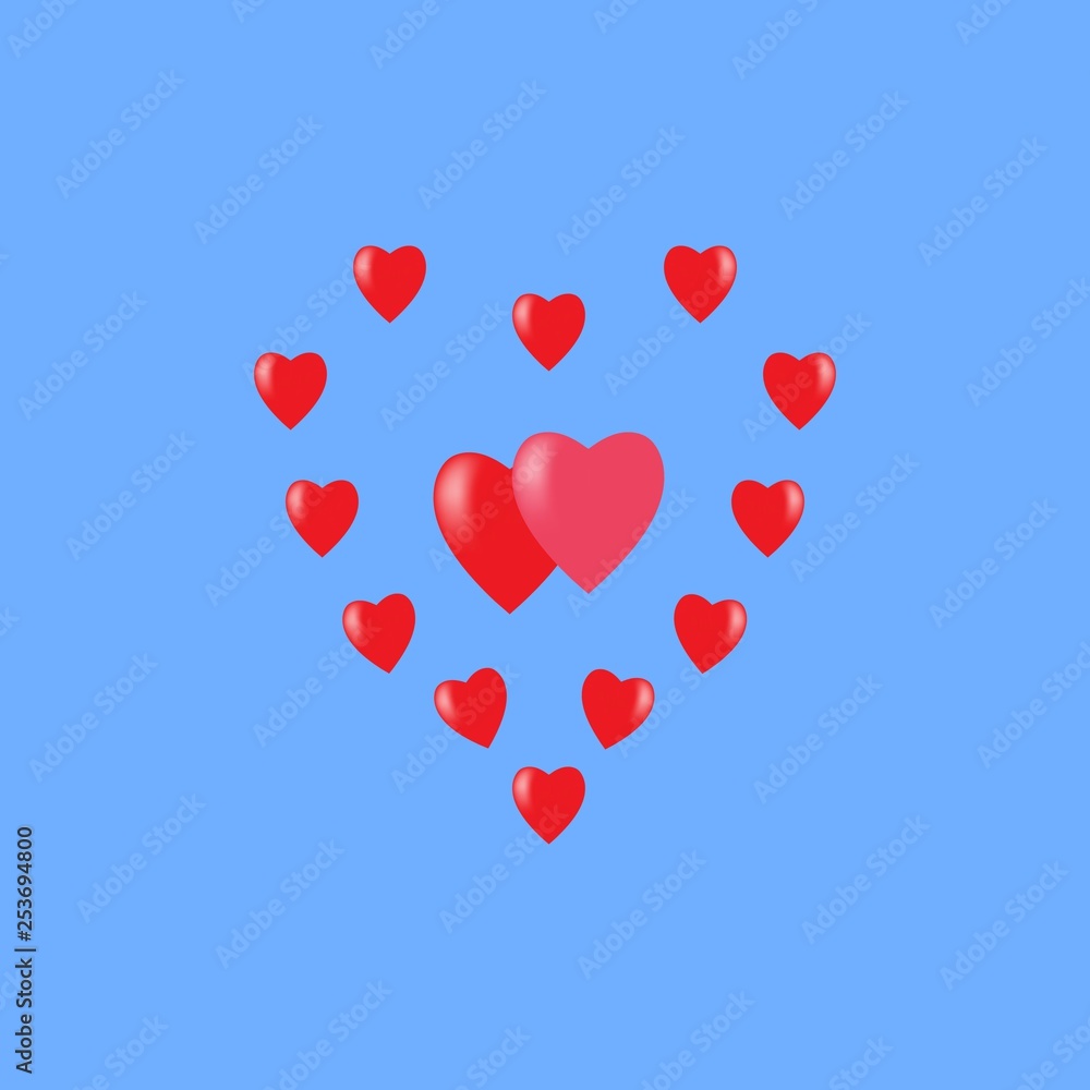 Heart around heart. Red sign on blue background. Romantic silhouette symbol linked, join, love, passion and wedding. Colorful mark of valentine day, card, etc. Design element. Vector illustration.