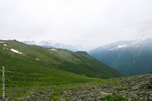 Mountain foggy meadows scenic view. Altai Mountains, Russia
