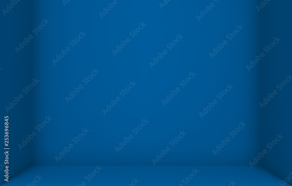 Obraz premium 3d rendering. empty dark blue color cube box corner wall background.
